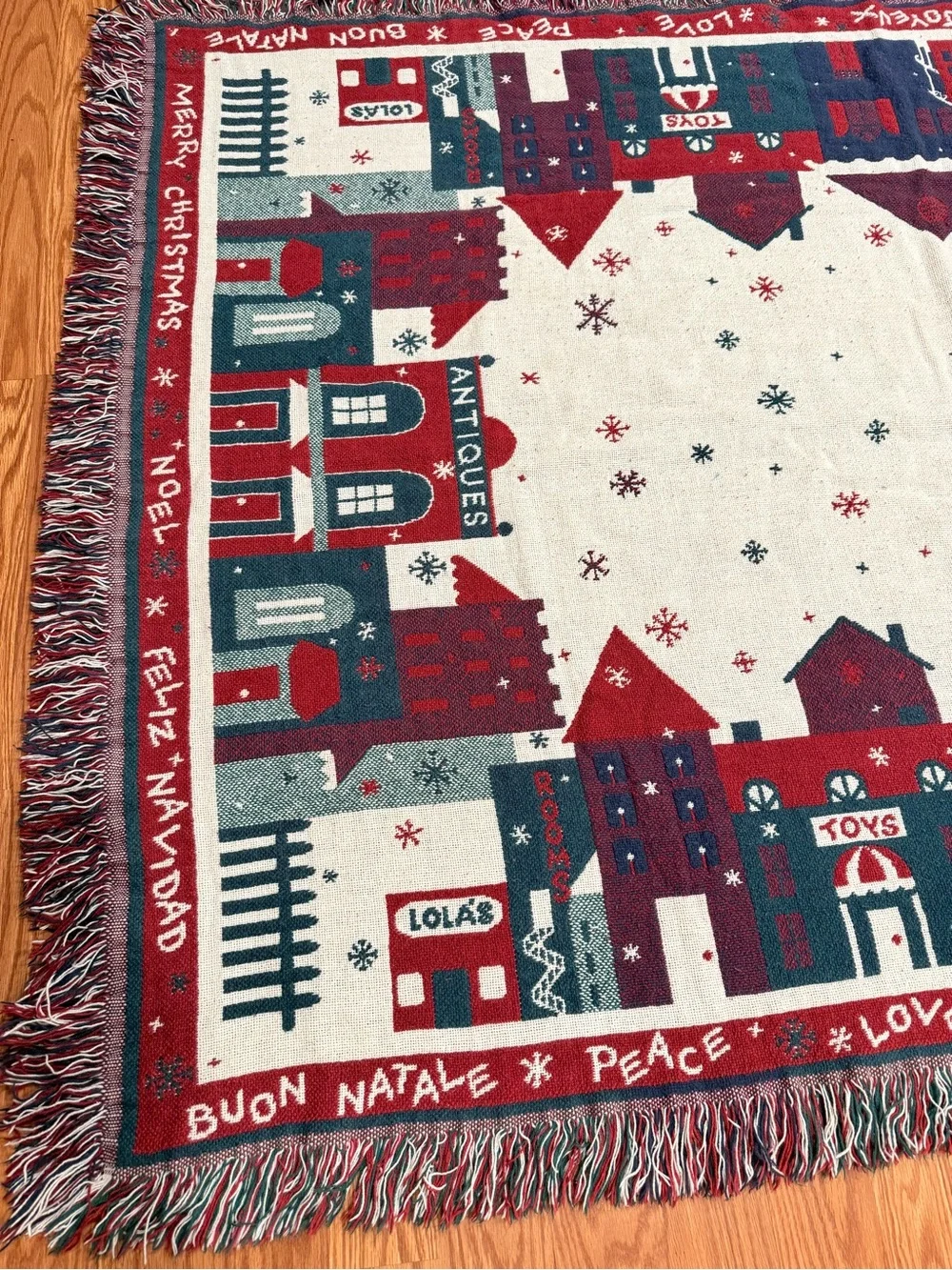 Holiday Village Fringe Throw Blanket - Red, Green & Cream 66x46
